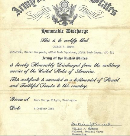 George Smith’s Honorable Discharge document. Photo by Greg Smith (document: 1945).