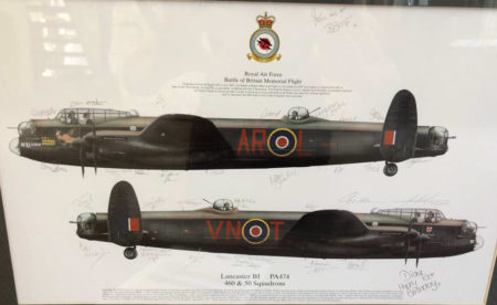 Royal Air Force Battle of Britain Memorial Flight signed illustration of Lancaster BI PA 474 460 & 50 Squadrons presented to Stanley. Photo by Louise Smith (26 April 2022). Courtesy of Pat Vinycomb. 