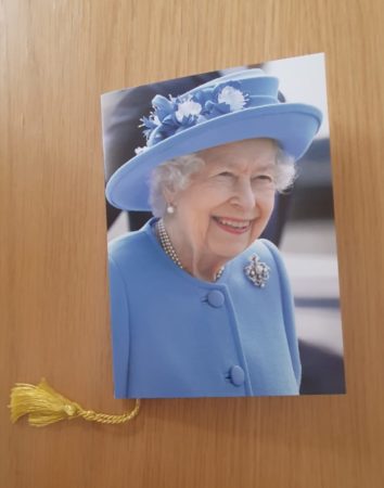 Cover of birthday card from Queen Elizabeth II to Stanley Booker, MBE. Photo by Pat Vinycomb (29 April 2022)).