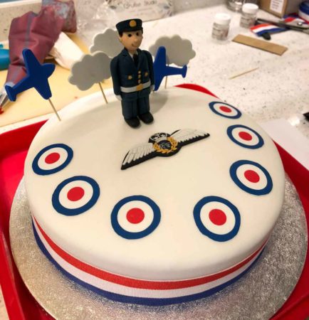 Stan’s 100th birthday cake with a RAF theme. Photo by Pat Vinycomb (24 April 2022).