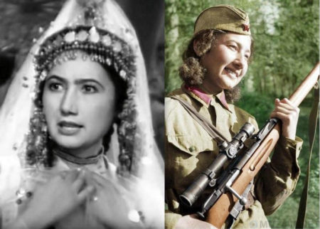 Ziba Ganiyeva, celebrity and film actress (left) and as a Soviet sniper (right). Photo by anonymous (c. 1940s). 