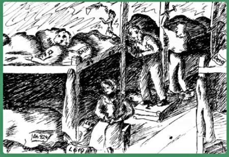 Drawing depicts scene before a Red Cross inspection of the hut and bunks. The Germans forced the inmates to reduce the number of bunks with the aim of trying to make the hut appearance less narrow and congested. Drawing by Helga Weissová (date unknown).