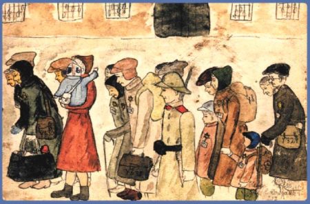 “Terezín arrival.” Drawing by Helga Weissová (date unknown).
