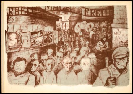 Inside KZ Auschwitz-Birkenau. Lithograph by Leo Haas (date unknown). Leo Baeck Institute. PD-No known copyright restrictions. Wikimedia Commons.