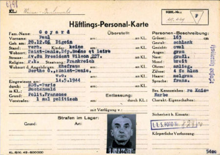 KZ Buchenwald prison registration card for Paul Goyard. Photo by anonymous (date unknown). Arolsen Archives. Buchenwald and Mittelbau-Dora Memorials Foundation.