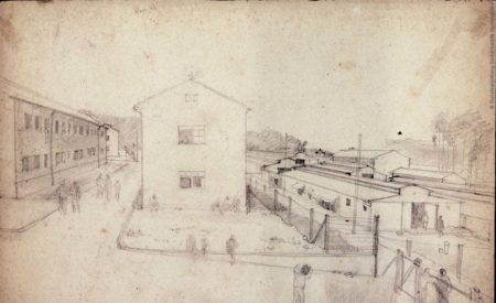 Entry to the “Small Camp” at KZ Buchenwald. Drawing by Paul Goyard (c. 1944-45).