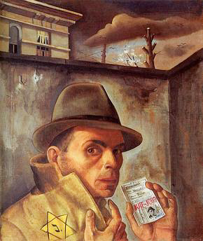 “Self-Portrait with Jewish Identity Card.” Nussbaum’s glare is now one of fear. Painting by Felix Nussbaum (c. 1944). PD-Fair use. Wikimedia Commons.