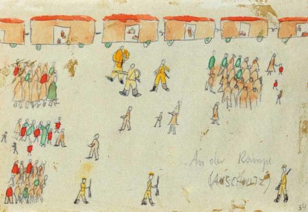 New arrivals at KZ Auschwitz-Birkenau. Drawing by Thomas Geve (c. 1945). 