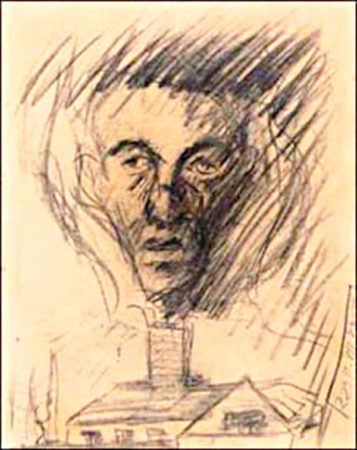 Bacon’s image of his father’s face emerges emaciated through a curtain of smoke from the KZ Auschwitz-Birkenau crematorium. Drawing by Yehuda Bacon (c. June 1944).