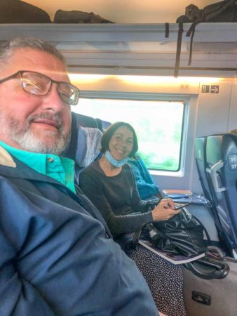Stew (left) and Raphaëlle (right) on the train to Strasbourg. Photo by Sandy Ross (6 June 2022). 