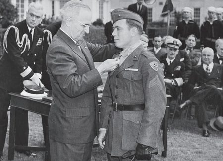Cpl. Hershel “Woody” Williams receives the Medal of Honor from President Truman. Photo by anonymous (c. October 1945). Courtesy of Hershel Williams Medal of Honor Foundation.