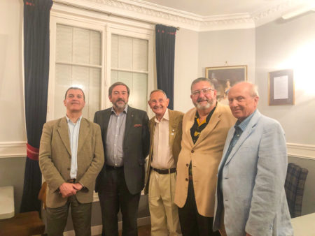 Left to right: Robin Sweeney, Willie Beauclerk, Richard Neave, Stew Ross, Patrick Gautier-Lynham. Cocktails at the Royal British Legion headquarters before heading off to dinner. Photo by Sandy Ross (10 June 2022).