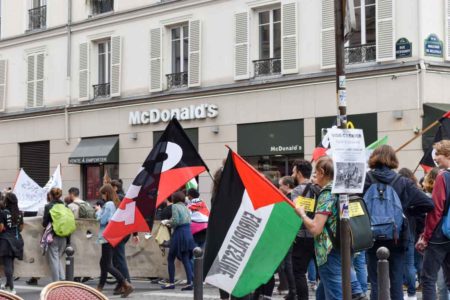 Pro-Palestinian movement protestors were marching alongside the Antifa protestors. Photo by Sandy Ross (5 June 2022).