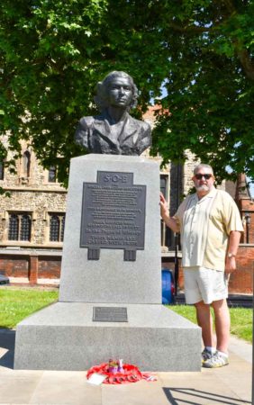 Stew standing next to the SOE Memorial Monument. Photo by Sandy Ross (14 June 2022).