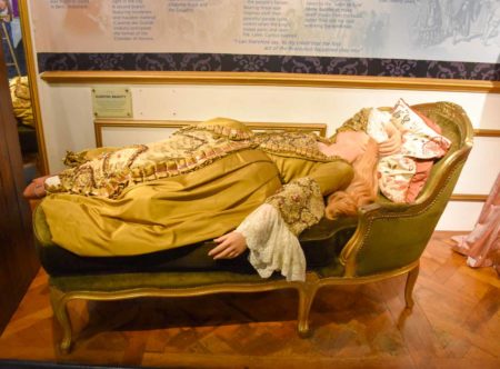 This is “Sleeping Beauty,” and it is the oldest wax figure at Madame Tussauds. It was created by Philippe Curtius in 1765 and portrays Madame du Barry, mistress to King Louis XV. Her chest heaves up and down to make it look as though she is breathing. I remember her from my visit in the 1960s. Madame du Barry and her fate during the Revolution are described in my two books, “Where Did They Put the Guillotine? Photo by Sandy Ross (15 June 2022). 