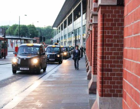 Arriving at St. Pancras rail station⏤where were all these black taxis when we needed them? Photo by anonymous (date unknown). 