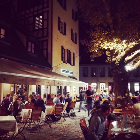Patio seating at La Corde à Linge restaurant in Strasbourg. Photo by anonymous (date unknown).