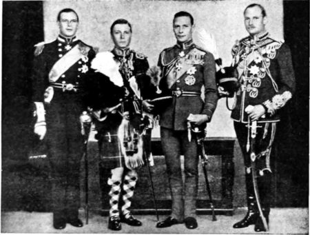 Four of the five sons of King George V. From left to right: Prince George, Duke of Kent, King Edward VIII (later Duke of Windsor), Prince Albert, Duke of York (future King George VI), and Prince Henry, Duke of Gloucester. Photo by anonymous (date unknown). PD-Expired copyright. Wikimedia Commons. 