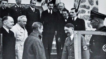 The Duke of Windsor being welcomed by Adolf Hitler at Berchtesgaden. Photo by anonymous (c. October 1937). Duke’s of Dorchester/PA Wire. 