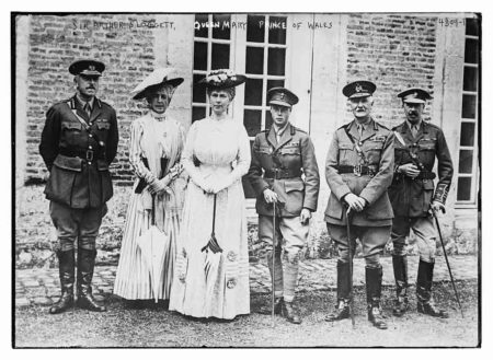 Queen Mary (third from left) and her son, Edward, the Prince of Wales (third from right). Photo by anonymous (c. 1915-1920). Bain News Service. PD-No known copyright restrictions. Wikimedia Commons.
