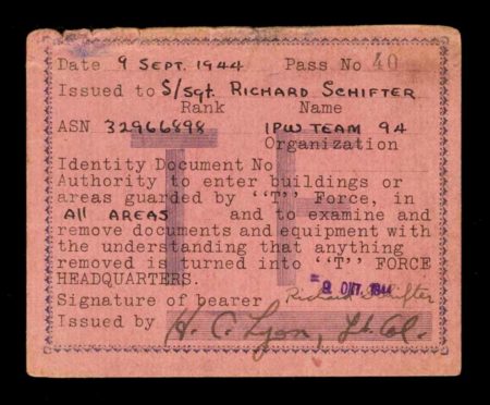 Card issued to Staff Sergeant Richard Schifter allowing him permission to enter European buildings to collect intelligence on behalf of the U.S. Army. Photo by anonymous (date unknown).