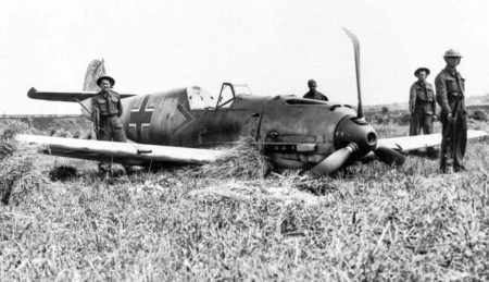 Messerschmitt Bf 109 piloted by Oberleutnant Paul Temme crashed near the Shoreham aerodrome in Sussex. Photo by anonymous (c. August 1940). Imperial War Museum. PD-U.K. public domain. Wikimedia Commons.