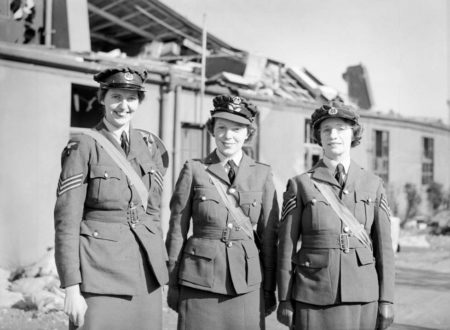 From left to right: Sgt. Joan Mortimer, Flight Officer Elspeth Henderson, and Sgt. Helen Turner, recipients of the Military Medal for gallantry, standing outside damaged buildings at RAF Biggin Hill. All three were WAAF teleprinter operators who stayed at their posts during the heavy Luftwaffe attack on 30 August 1940. Photo by anonymous (c. September 1940). ©️Imperial War Museum.