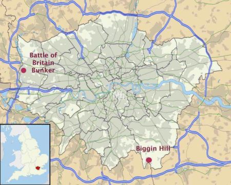 Map of Greater London reflecting location of Biggin Hill and site of the Battle of Britain Bunker. Photo by anonymous (date unknown). Ordnance Survey OpenData. PD-CCA-Share Alike 3.0 Unported. Wikimedia Commons. 