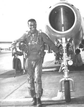 Lt. Carl A. Bailey standing beside his F-84 Thunderjet. Photo by anonymous (date unknown). 