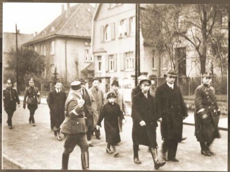 Jews being arrested in Stadthagen, Germany after Kristallnacht. Photo by anonymous (10 November 1938). PD-Author release. Wikimedia Commons.