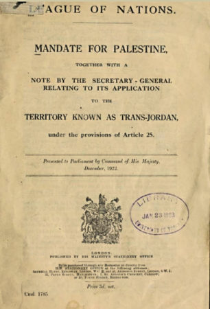Cover page for League of Nation’s Mandate for Palestine memorandum. Presented to the U.K. parliament in December 1922. Photo by anonymous (c. 2012). PD-U.K. public domain. Wikimedia Commons.