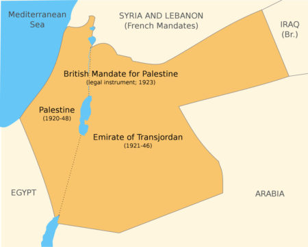 Map of British Mandate of Palestine, 1920s. While the border of Egypt is fixed, all other borders were changing and undetermined before being specified in the 1923 Mandate document. Map and photo by anonymous (c. 2011). BritishMandatePalestine1920.png. PD-Author released (Zero0000). Wikimedia Commons.