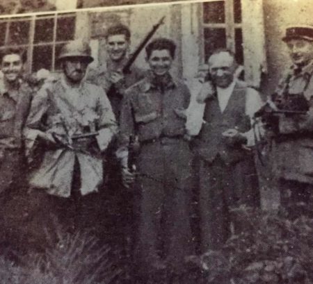 Pfc. Stephen Weiss, third from left, in France, 1944, after being cut off from his U.S. Army unit. Photo by anonymous (c. 1944).