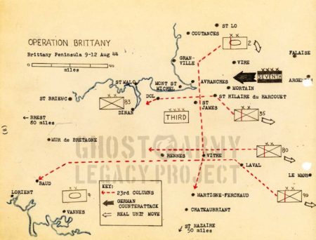 Map of Operation Brittany, 9-12 August 1944. The red dotted lines are the direction of the 23rd columns while the real army’s movement is designated by an arrow. The German counterattack is indicated by a bold arrow. Map and photo by anonymous (date unknown). 