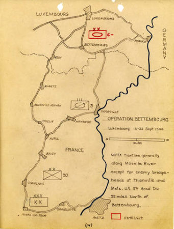 Map of Operation Bettembourg. Red box outlines position of the 23rd unit. Map and photo by anonymous (date unknown).