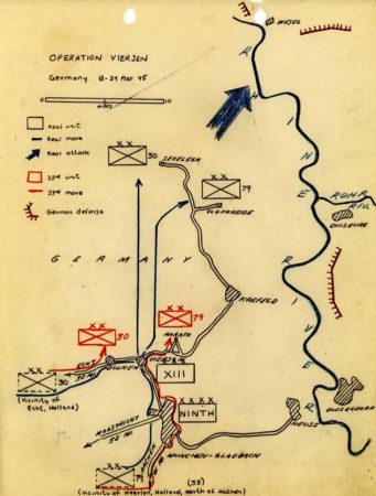 Map of Operation Viersen. Red boxes outline position of the fake 23rd units south of Krefeld while the real army movement is designated by the solid arrow. Map and photo by anonymous (date unknown). 
