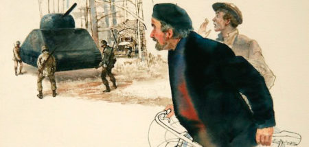 Two Frenchman looking shocked upon seeing four American soldiers lift a 40-ton tank. Painting by Arthur Shilstone (date unknown). www.smithsonianmag.com.