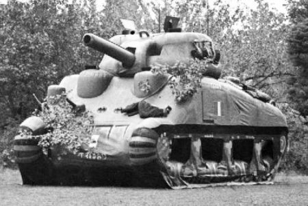 An inflatable “dummy” M4 Sherman tank. Photo by anonymous (c. 1943). PD-U.S. Government. Wikimedia Commons. 