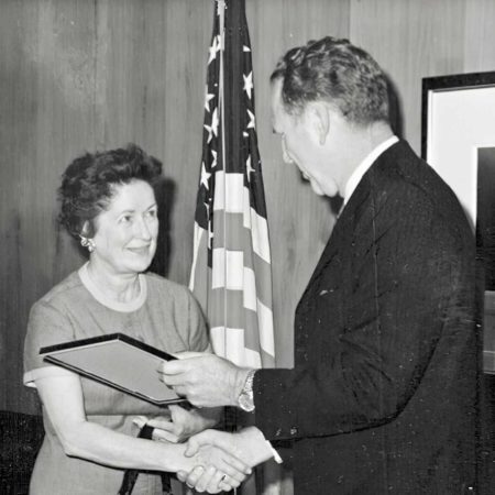 Adelaide Hawkins receiving a CIA Certificate of Distinction for accomplishments in intelligence production. Photo by anonymous (c. 1969). Courtesy of the Estate of Adelaide Hawkins.