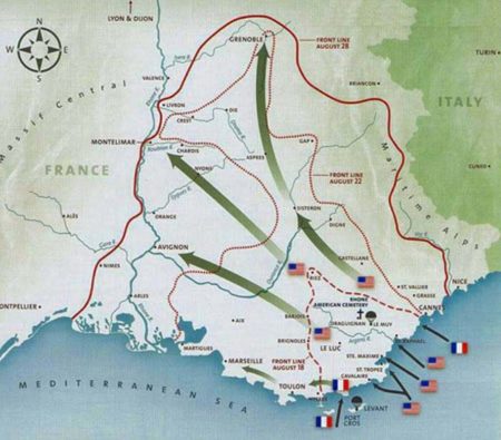 Map of Operation Dragoon in Southern France. Map and photo by anonymous (date unknown). Bill Blass Group Collection. https://www.sas1946.com.