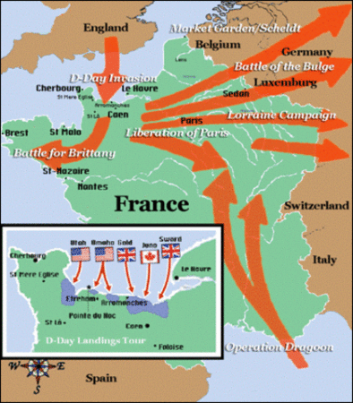 Map of Operation Dragoon in relation to Allied troop movements after D-Day. Map and photo by anonymous (date unknown). https://www.timetoast.com