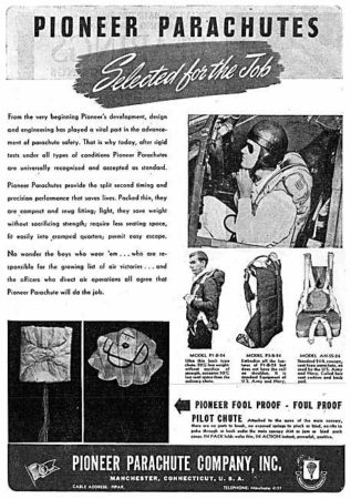 Advertisement for Pioneer Parachute Company. Photo by anonymous (c. 1943). Flight; No. 1 of 63, 22 July 1943. 