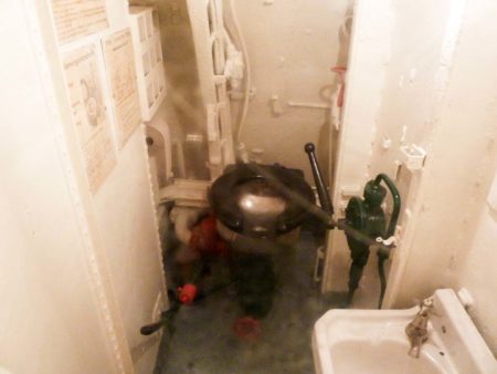 The only usable toilet on board the U-995. When submerged, it could be used up to a water depth of about 25 meters (82 feet). Photo by James Steakley (7 August 2012). PD-CCA-Share Alike 3.0 Unported. Wikimedia Commons.