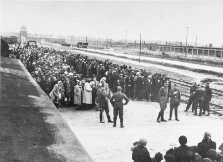 Jews from Hungary await selection on the ramp at KZ Auschwitz II-Birkenau. Notice the convoy train has moved on. 