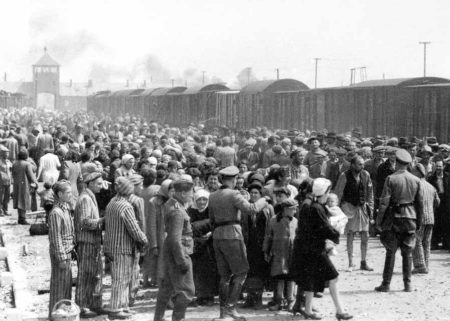 Jews from Hungary arriving at KZ Auschwitz II-Birkenau and being unloaded from the convoy train (background). 