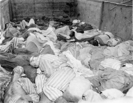 Corpses lie in one of the open wagons of the KZ Dachau death train. 
