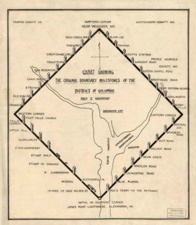 Chart showing the original boundary milestones of the District of Columbia. Map by Fred Woodward (c. 1906). PD-Expired copyright. Wikimedia Commons. 