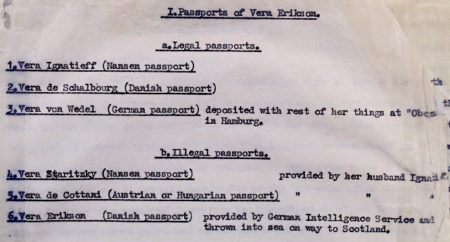 Declassified MI5 files of Drücke, Petter, and Vera released in 1999. This document reflects the various passports and aliases used by Vera Erikson. Photo by anonymous (date unknown). The National Archives.