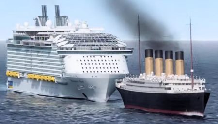 Visual comparison between Titanic (right) and the Royal Caribbean cruise ship, Wonder of the Seas, an “Oasis”-class ship (left). Photo by anonymous (date unknown).