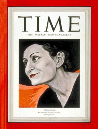 Cover of Time magazine with Edda Ciano. The caption reads, “She wears the diplomatic trousers.” Cover by Ernest Hamlin Baker (c. 1939). Time magazine, 24 July 1939, Vol. XXXIV No. 4. PD-Copyright was not renewed. Wikimedia Commons.